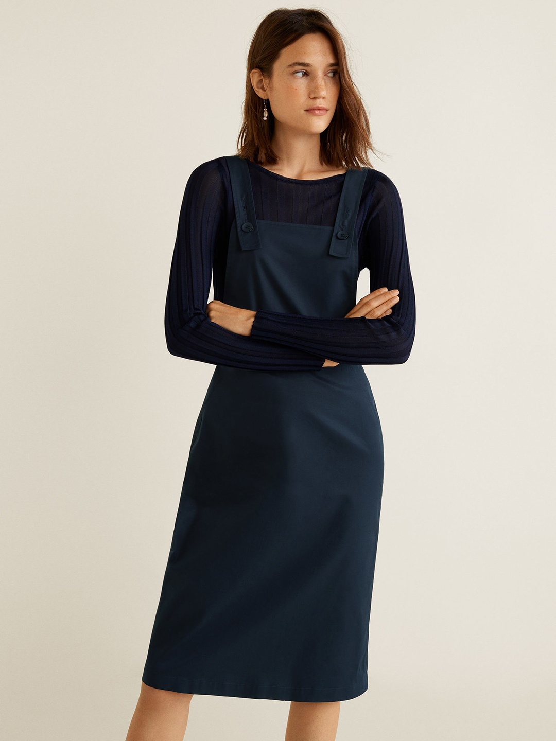 

MANGO Women Navy Blue Solid Pinafore Dress