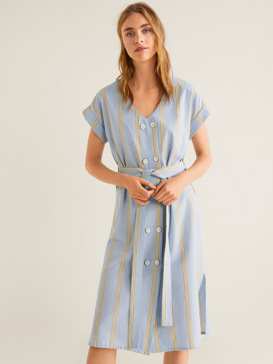 

MANGO Women Blue Striped Wrap Dress