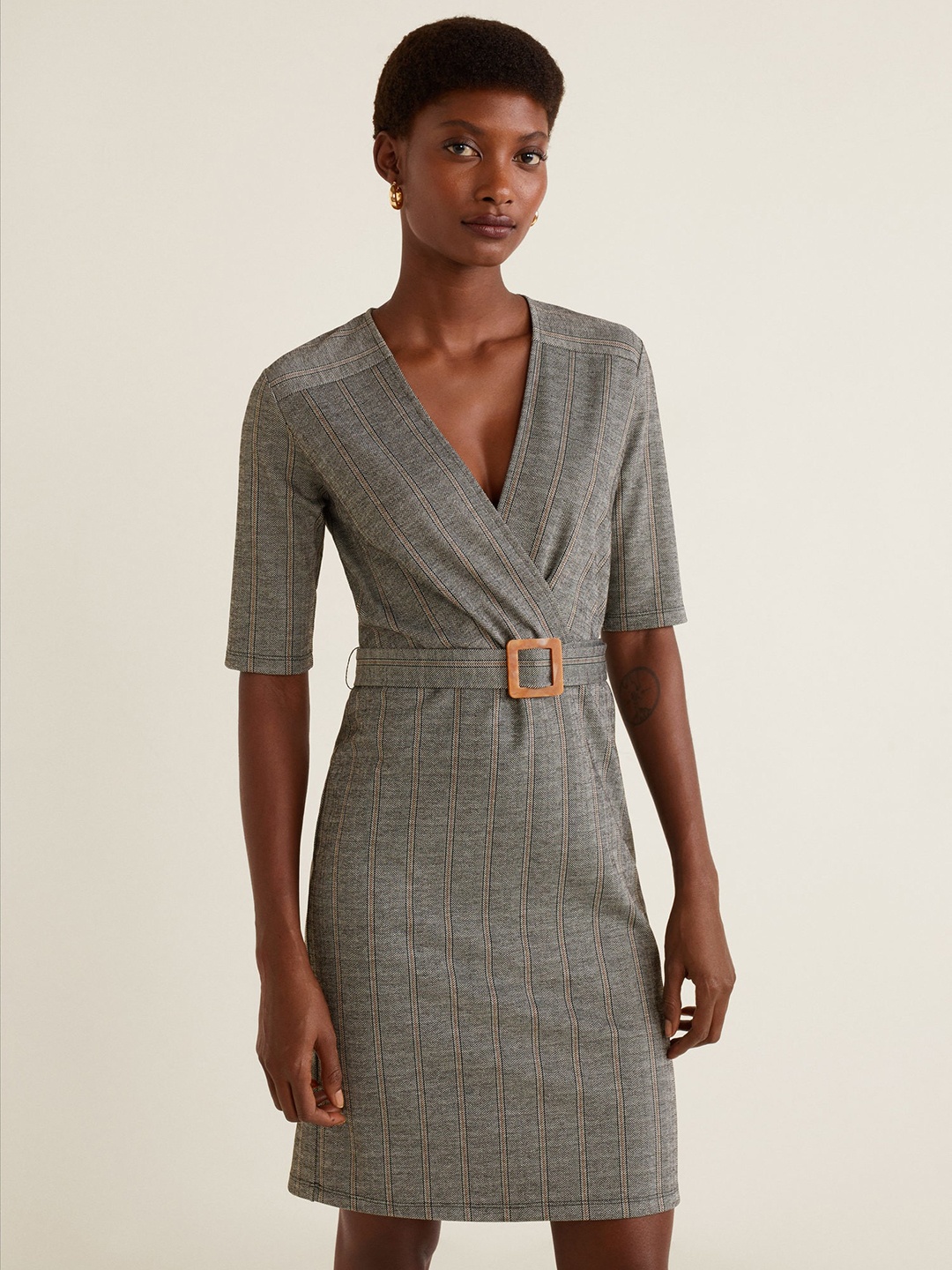 

MANGO Women Grey & Black Self-Design Wrap Dress