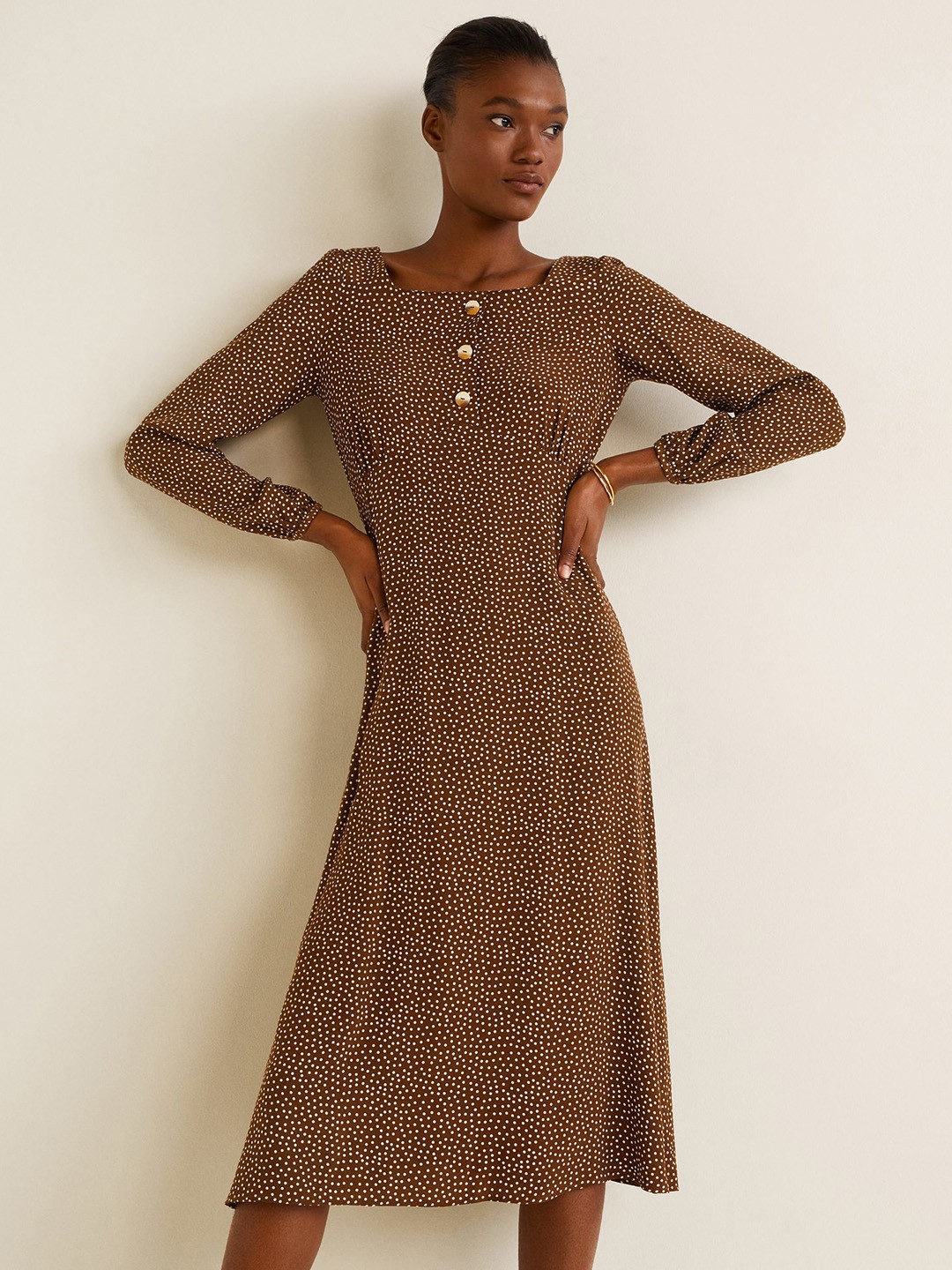 

MANGO Women Brown & White Printed A-Line Dress