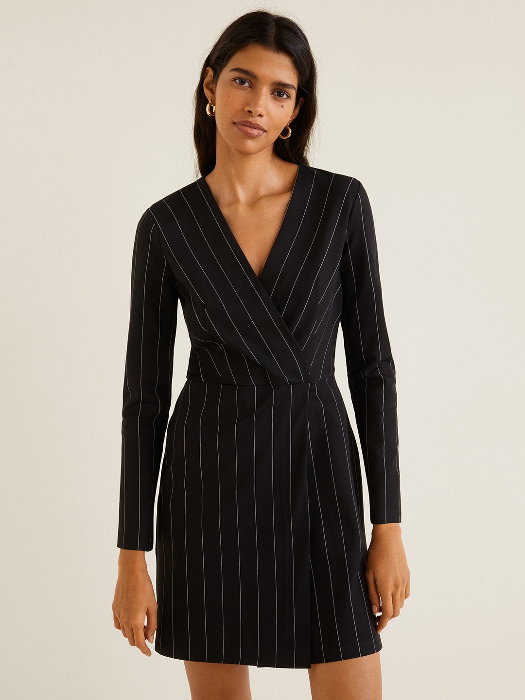 

MANGO Women Black Striped Wrap Dress