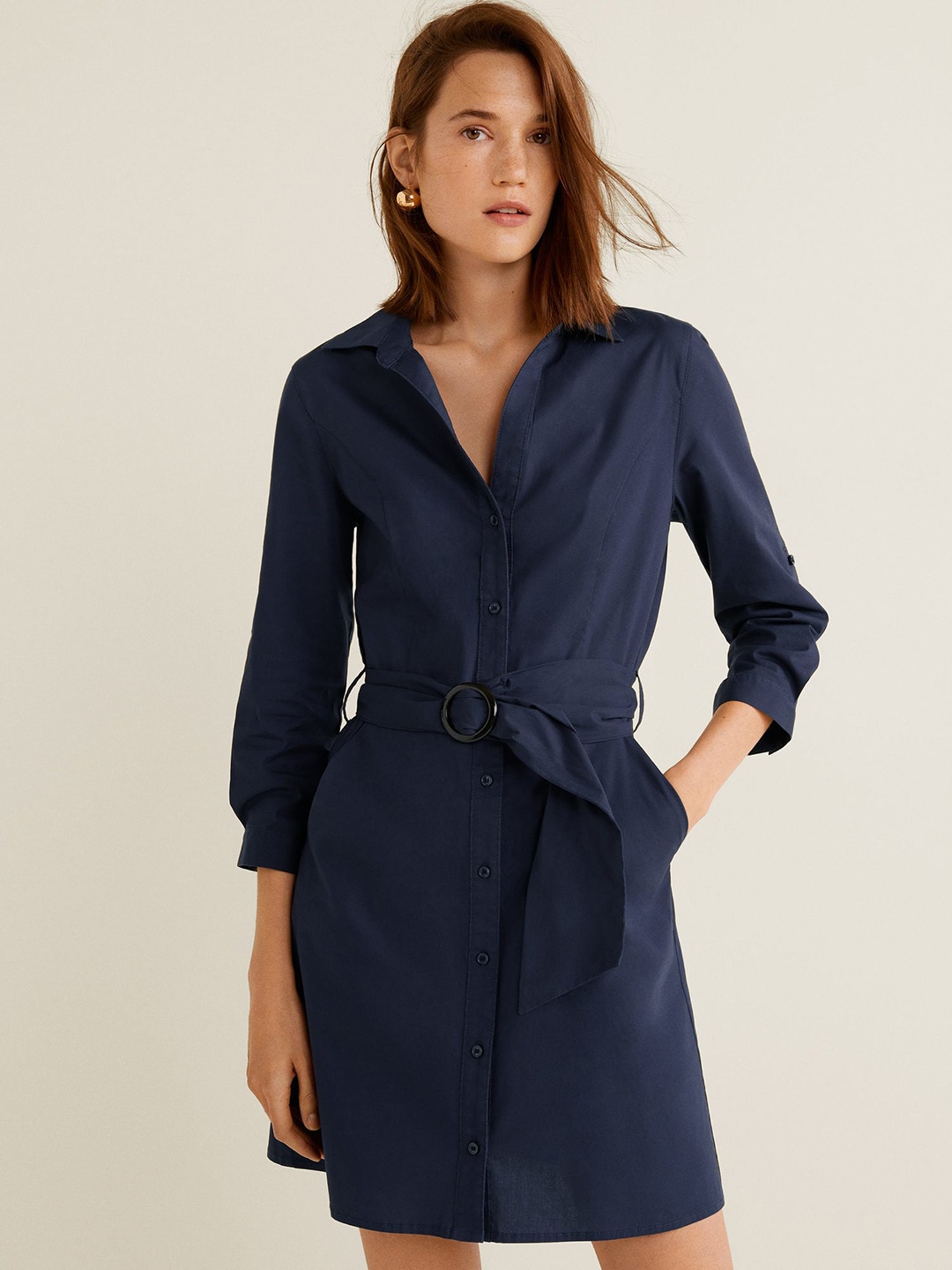 

MANGO Women Navy Blue Solid Shirt Dress