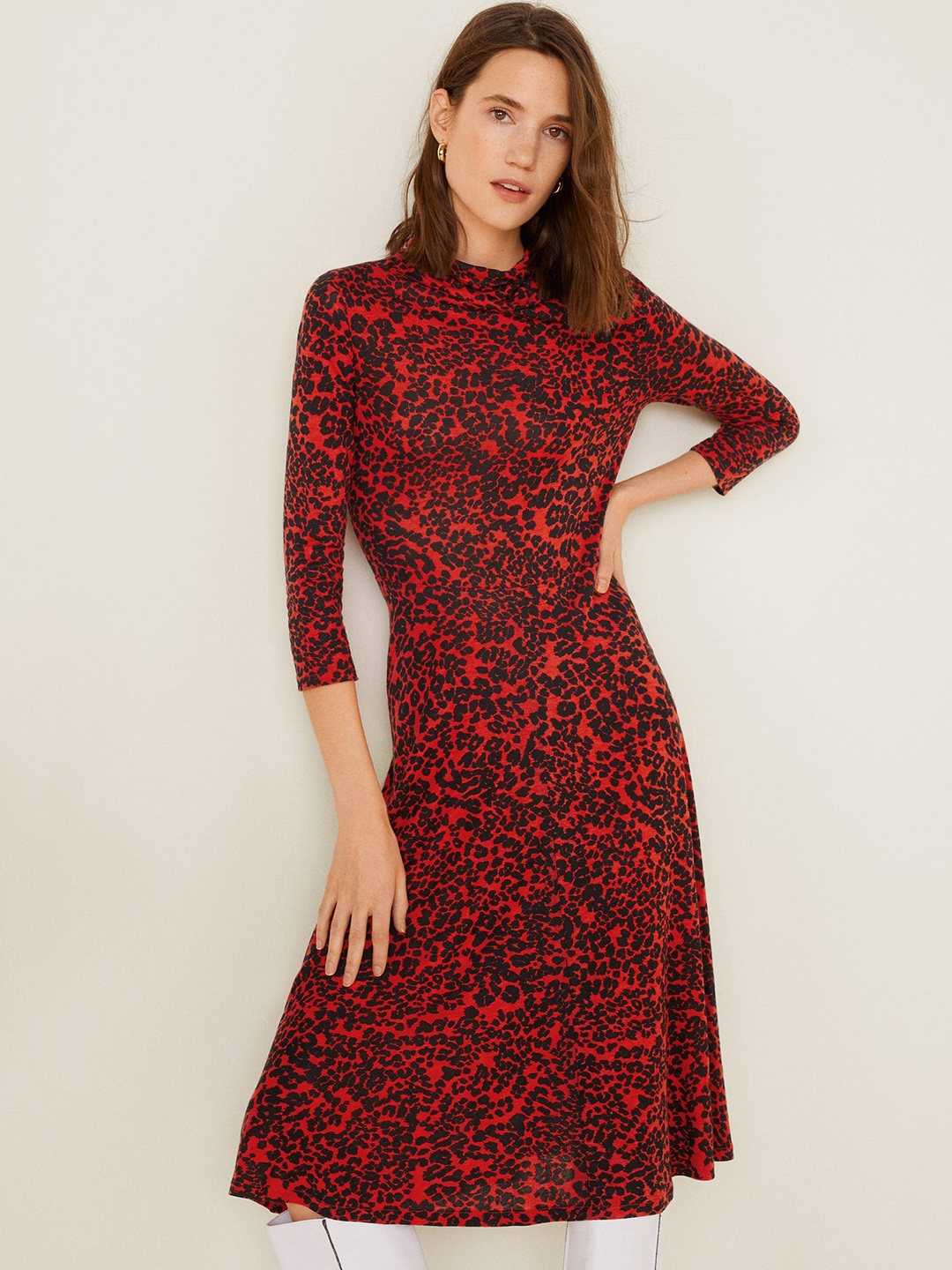 

MANGO Red & Black Animal Print Midi A-Line Dress