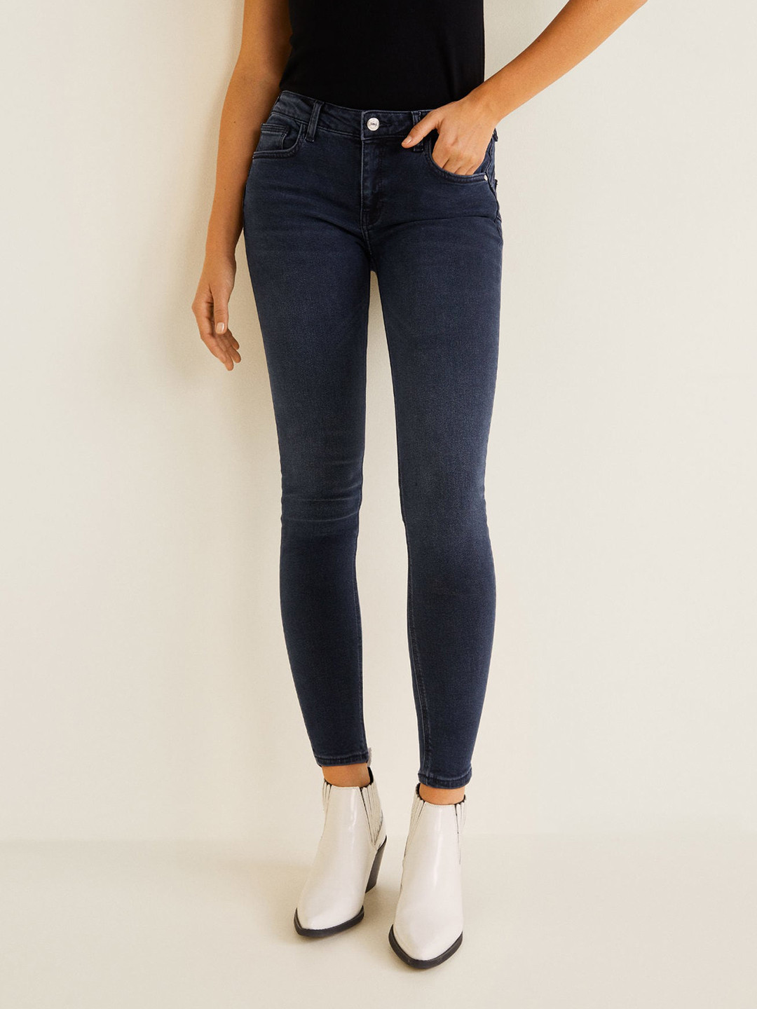 

MANGO Women Navy Blue Skinny Fit Mid-Rise Clean Look Stretchable Jeans