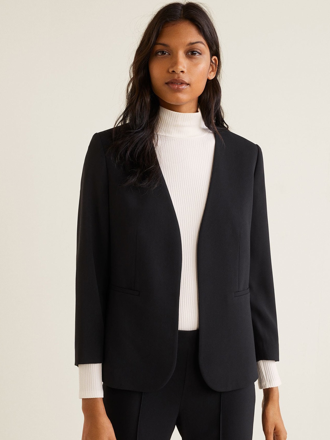 

MANGO Women Black Solid Open-Front Formal Blazer
