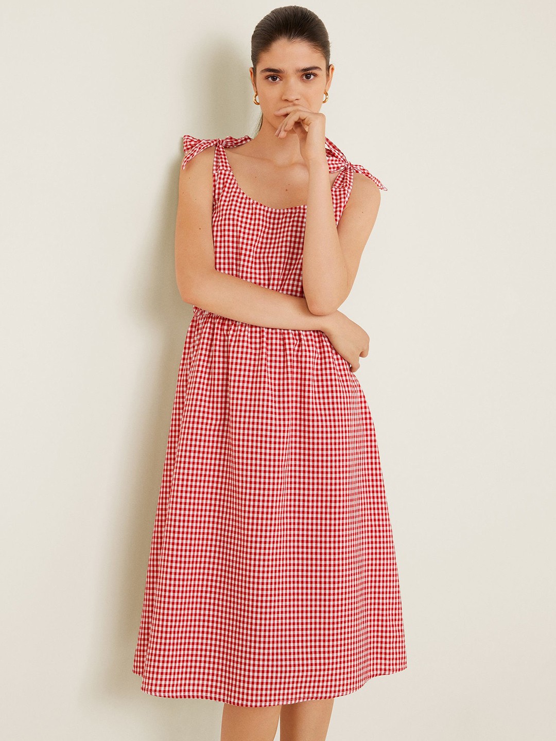 

MANGO Women Red & White Checked A-Line Dress