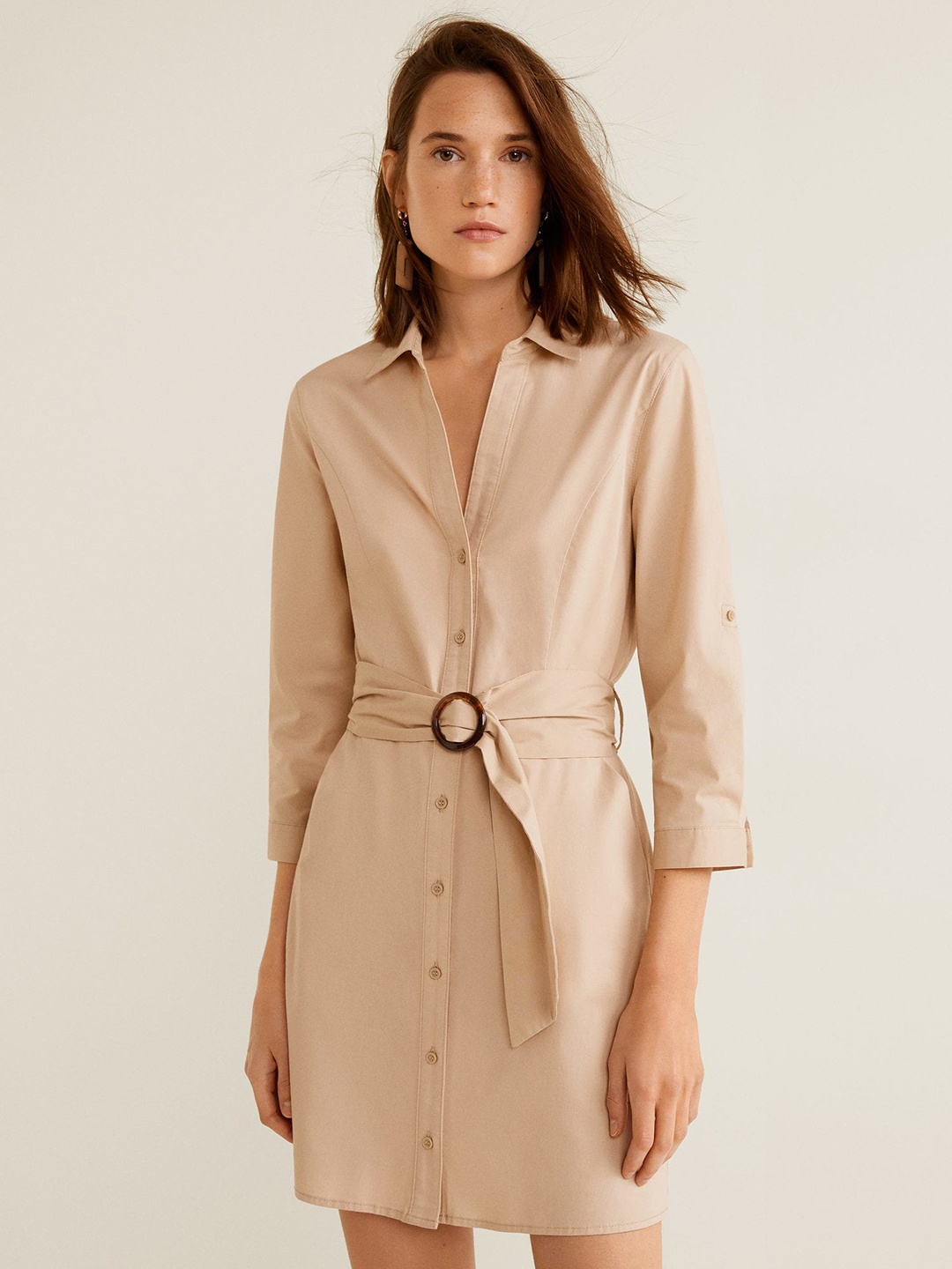 

MANGO Women Beige Solid Shirt Dress