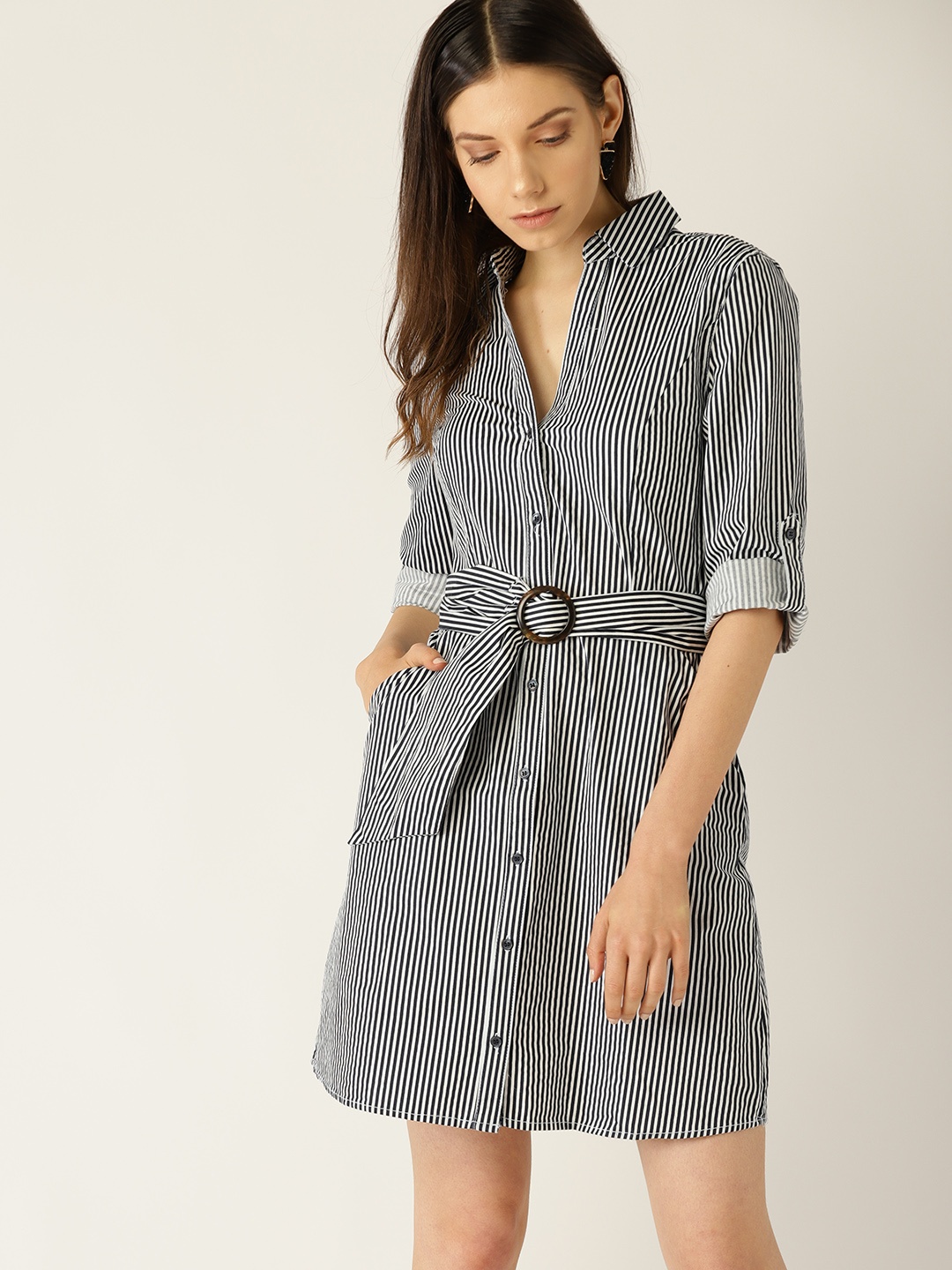 

MANGO Women Navy Blue & White Striped Shirt Dress