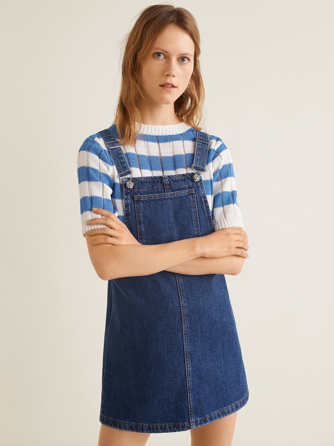 

MANGO Women Navy Blue Solid Denim Pinafore Dress