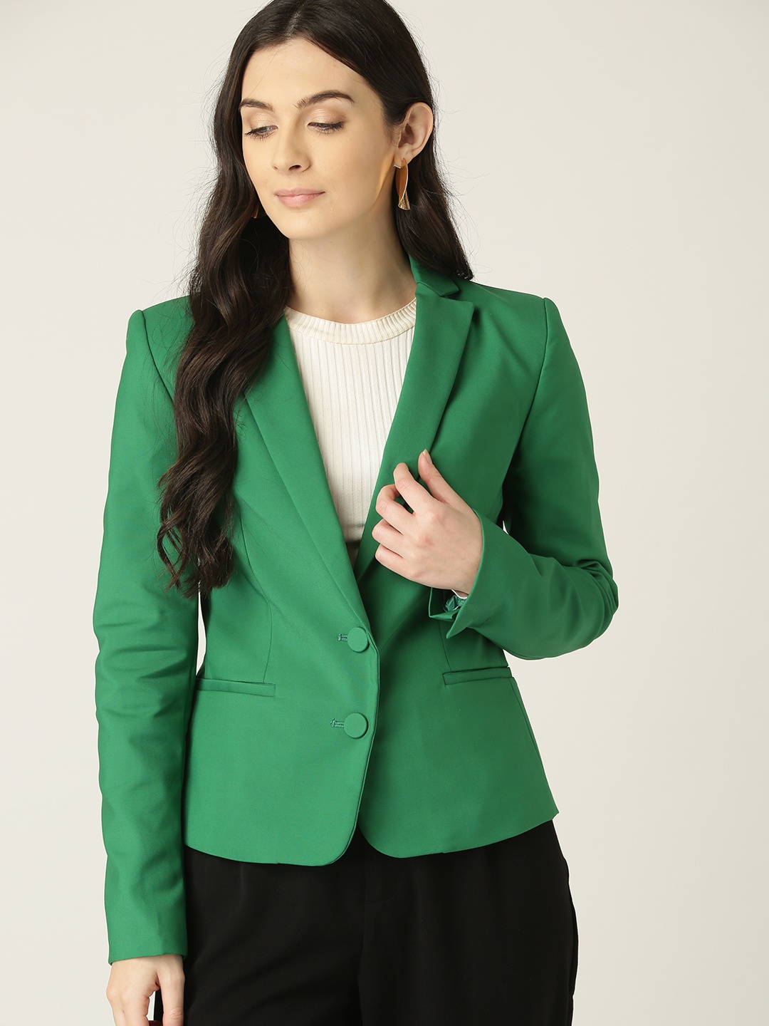 

MANGO Women Green Solid Single-Breasted Formal Blazer