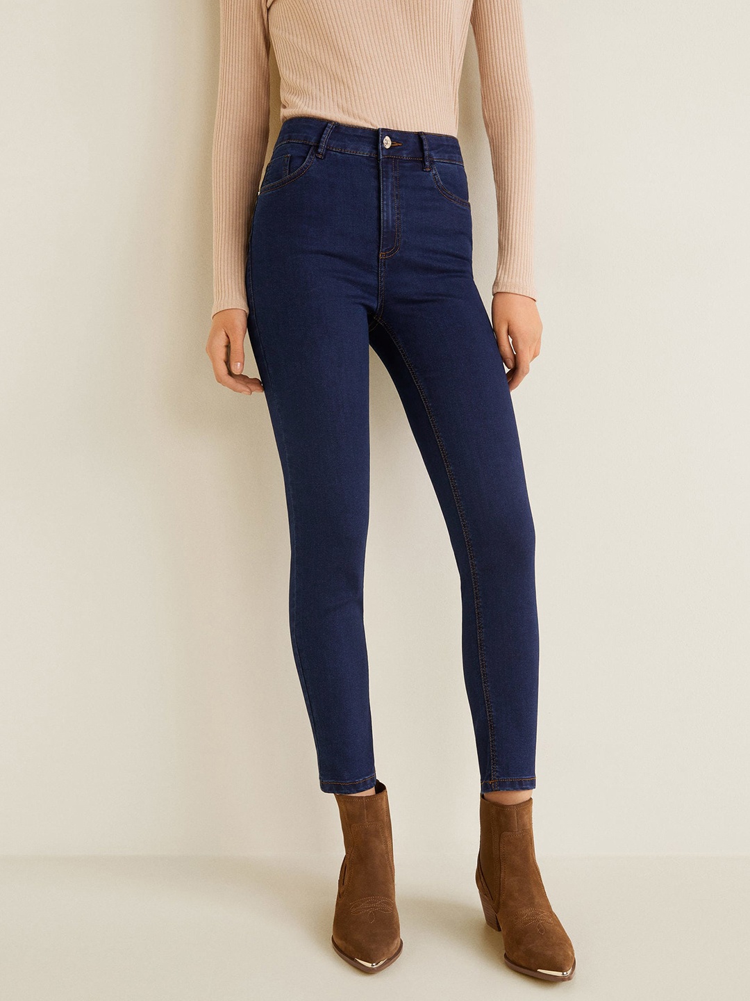 

MANGO Women Navy Blue Skinny Fit Mid-Rise Clean Look Stretchable Cropped Jeans