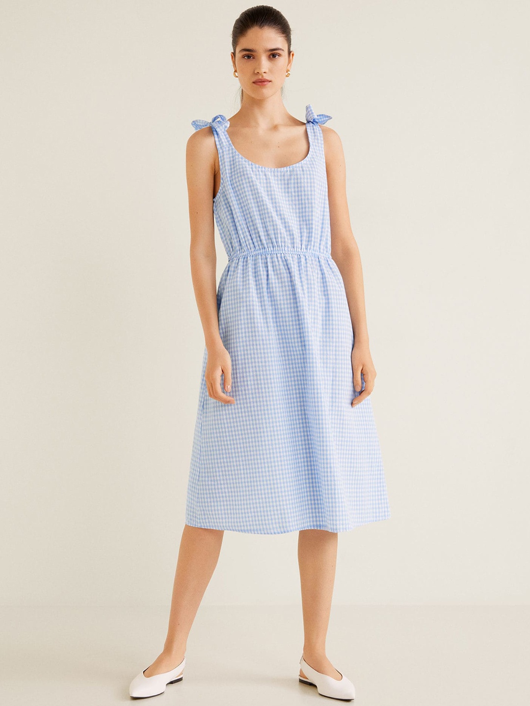 

MANGO Women White & Blue Checked Midi A-Line Dress