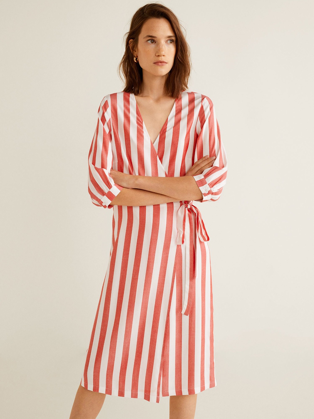 

MANGO Women White & Red Striped Wrap Dress