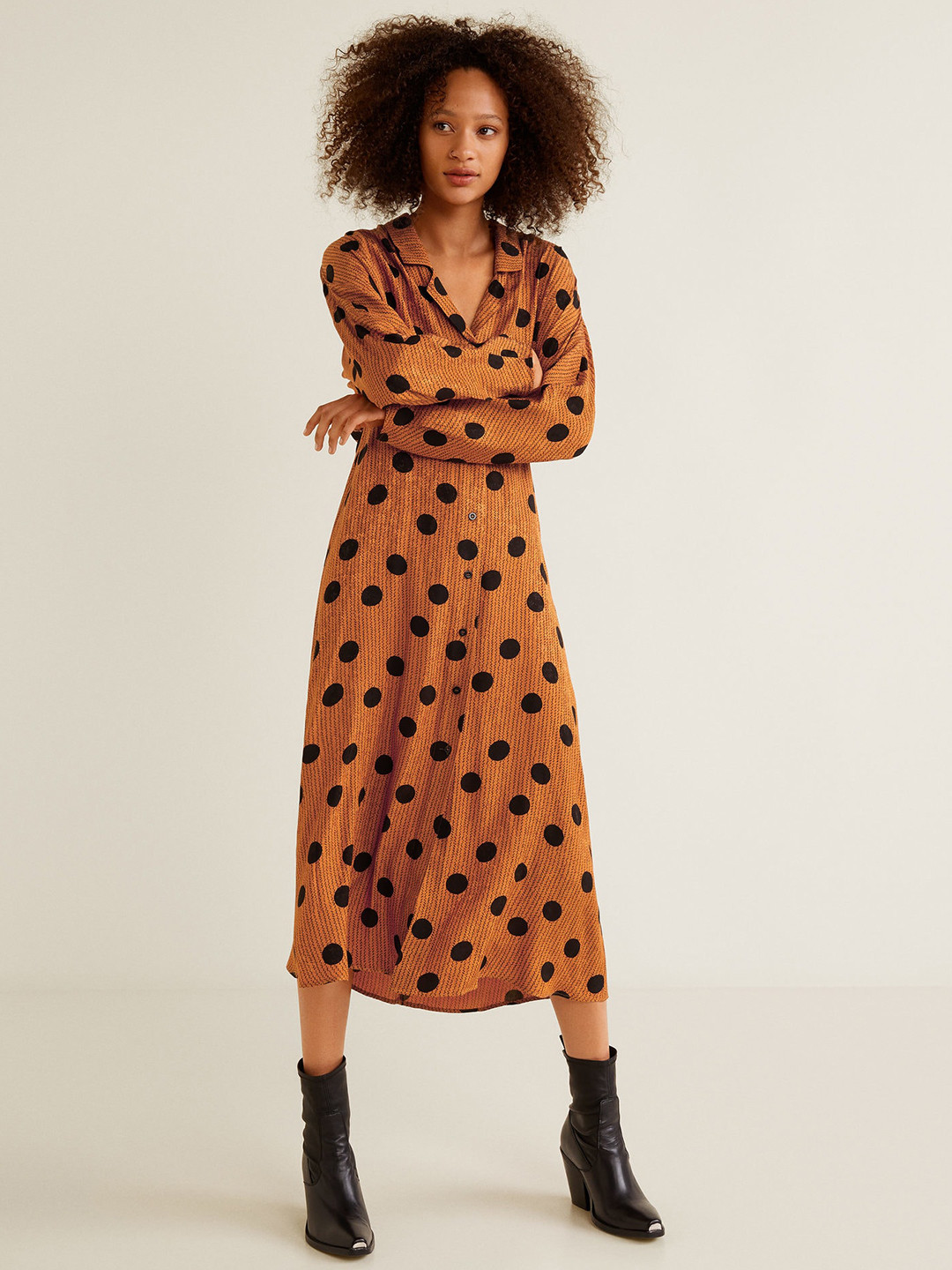 

MANGO Women Brown & Black Polka Dot Print A-Line Dress