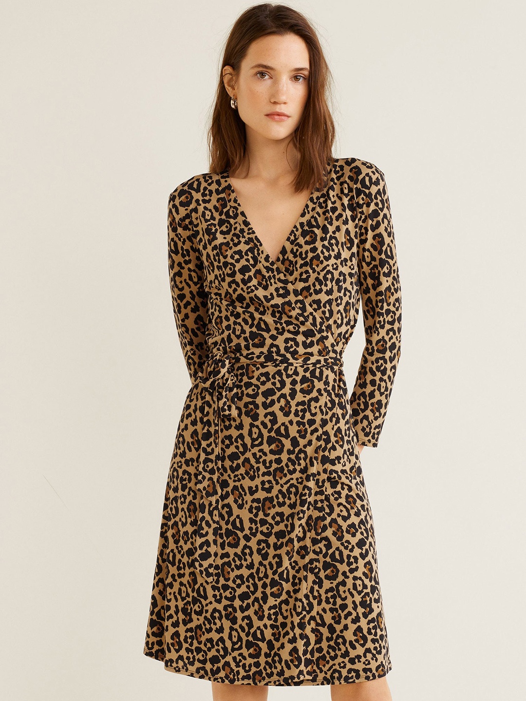 

MANGO Women Beige & Black Animal Print Wrap Dress