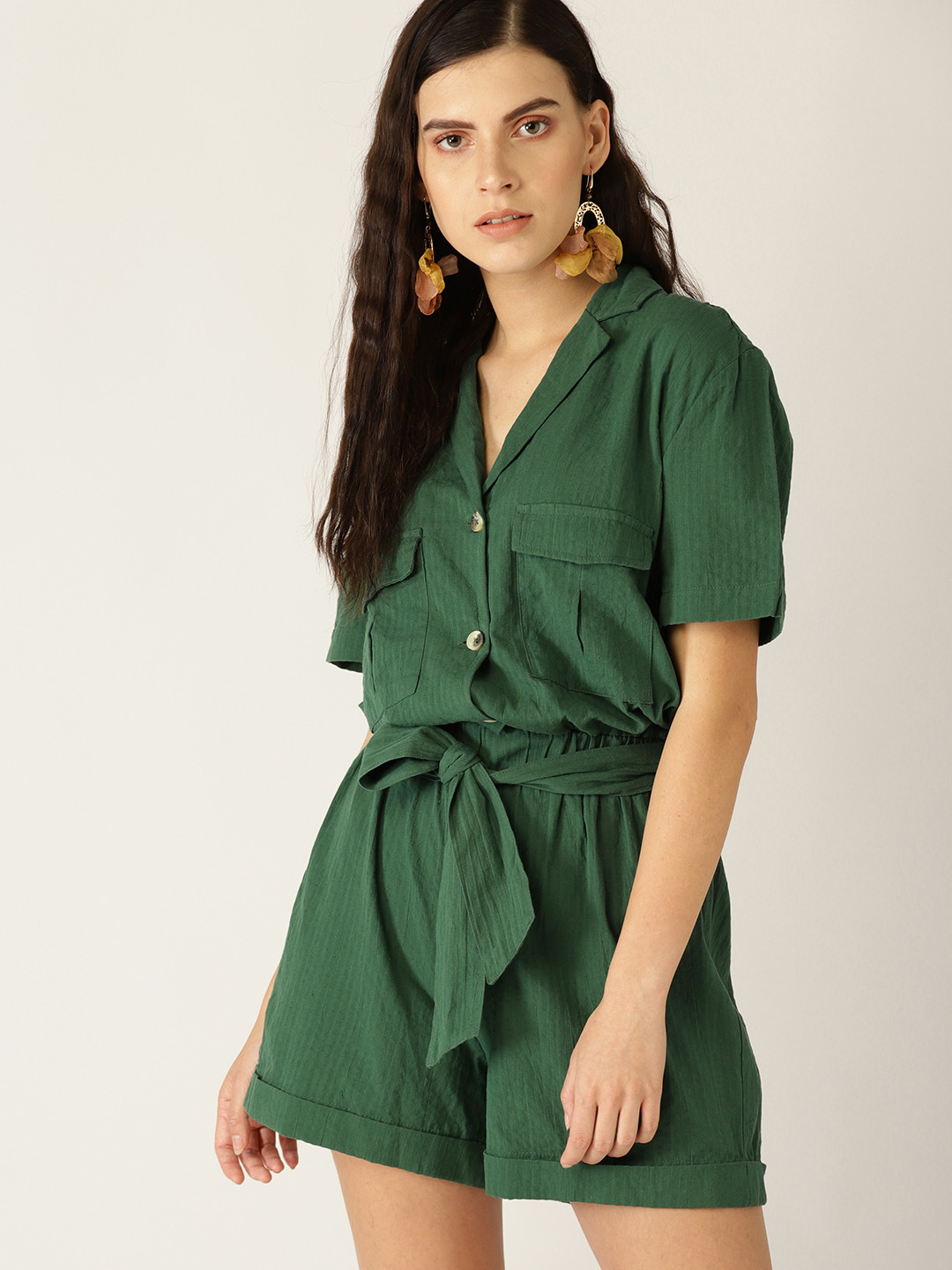 

MANGO Green Solid Playsuit