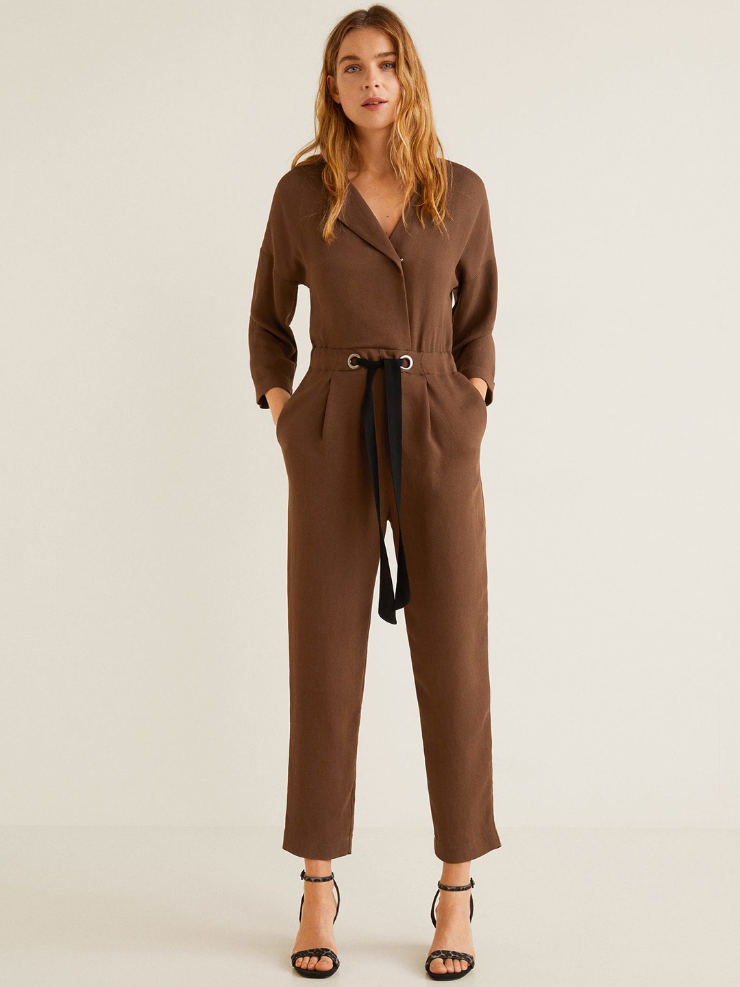 

MANGO Brown Solid Basic Jumpsuit