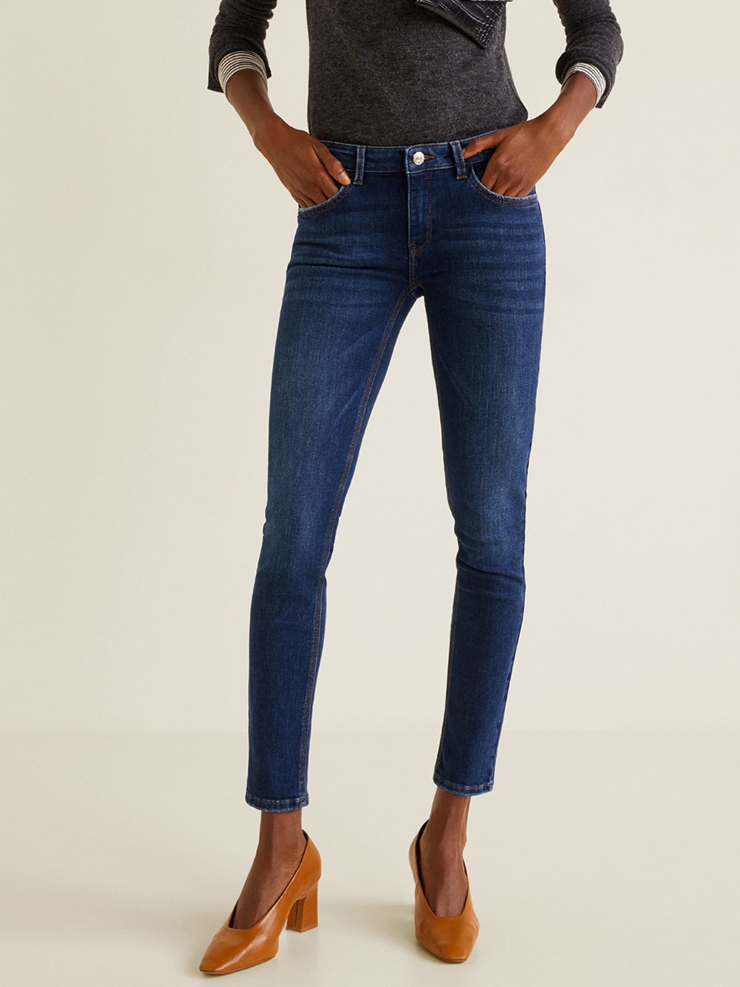 

MANGO Women Navy Blue Skinny Fit Mid-Rise Clean Look Stretchable Jeans