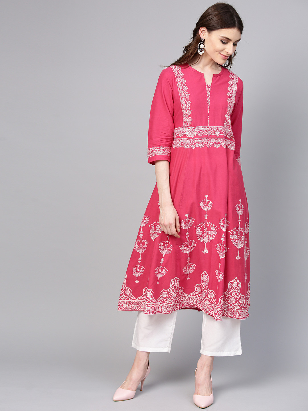 

Bhama Couture Women Pink & White Printed Kurta with Palazzos