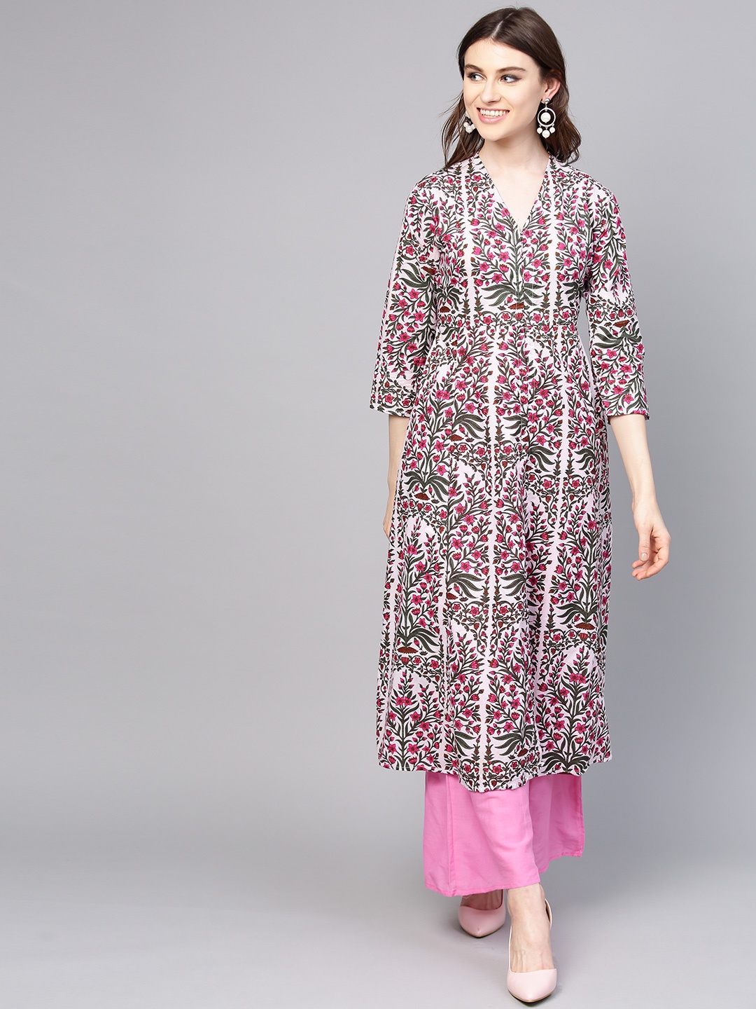

Bhama Couture Women Pink & Green Printed Kurta with Palazzos