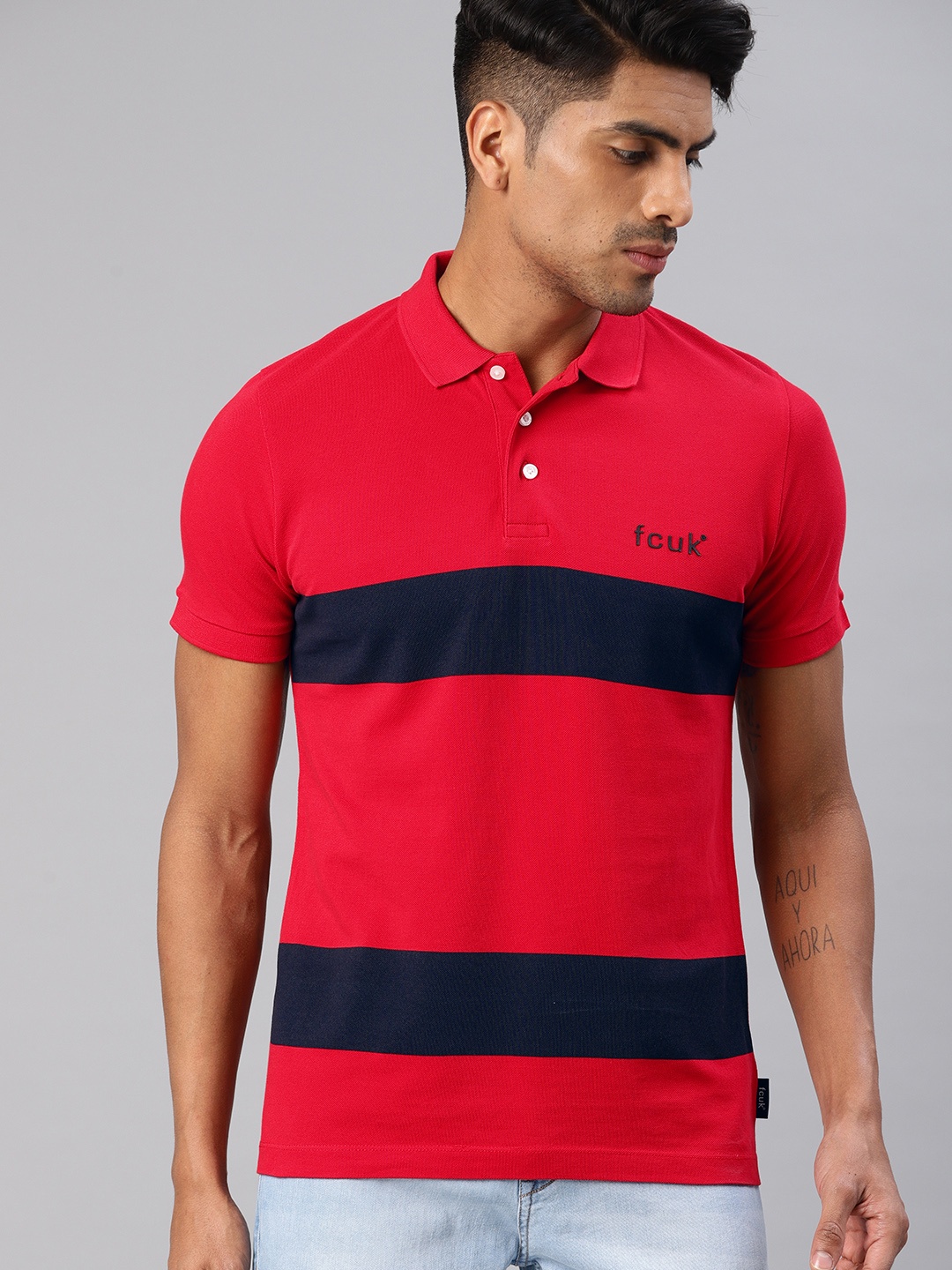 

French Connection Men Red Navy Striped Polo Collar Pure Cotton T-shirt