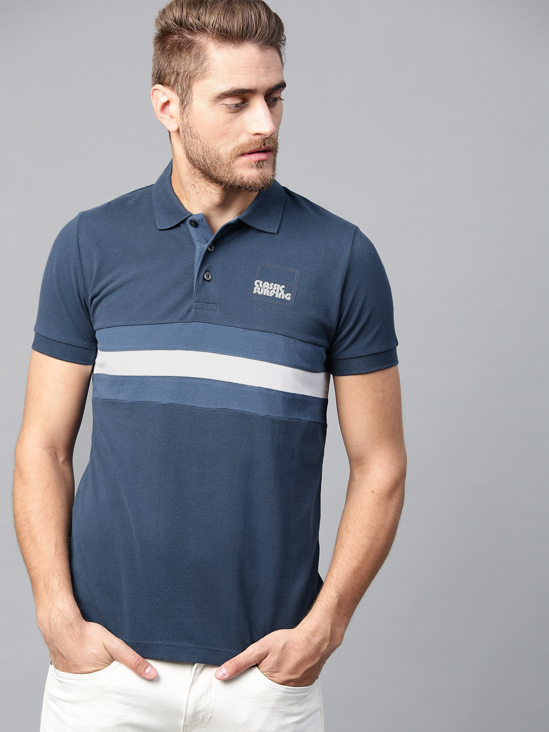 

French Connection Men Navy Blue Solid Polo Collar T-shirt