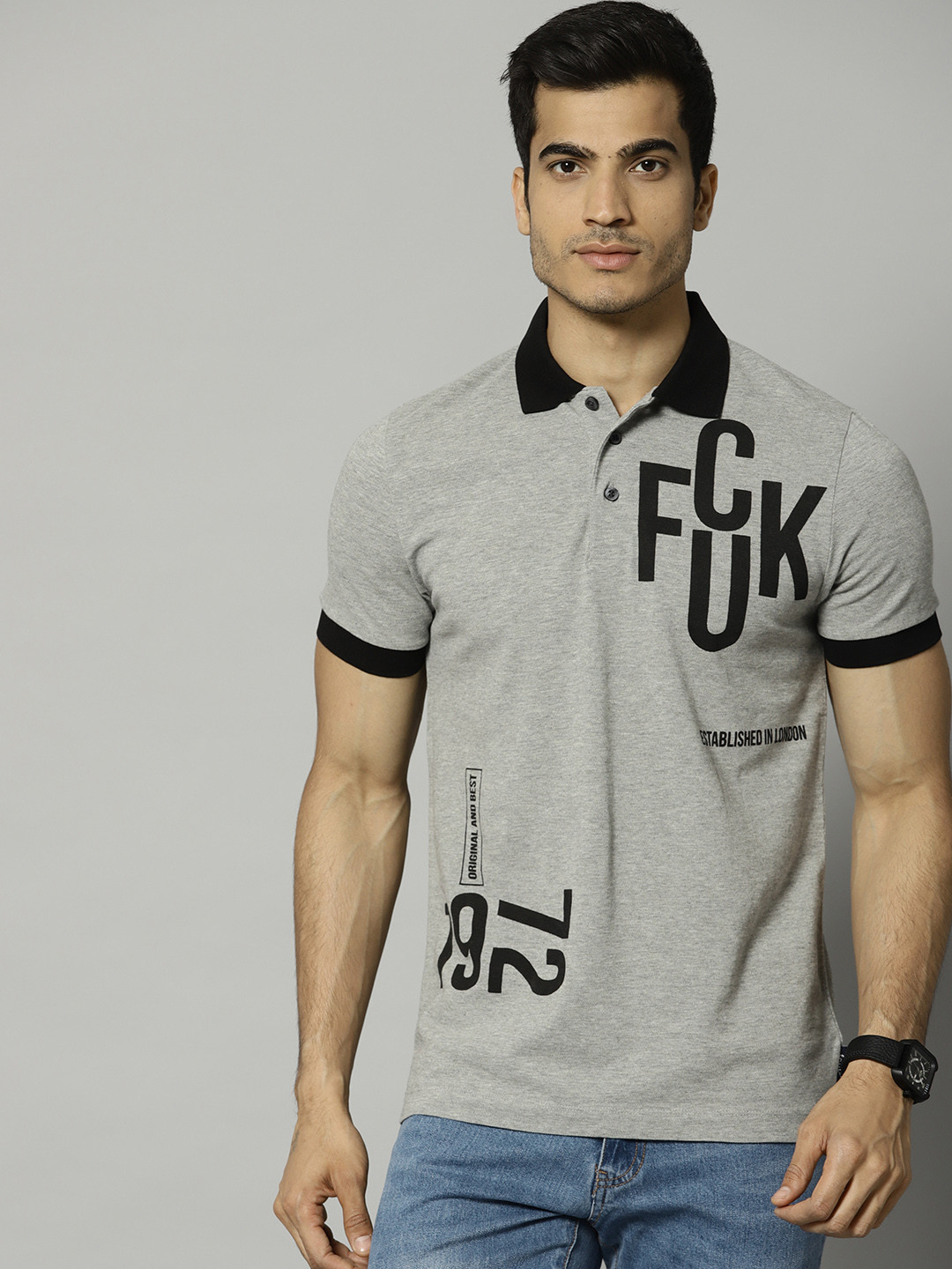 

French Connection Men Grey Melange Printed Polo T-shirt