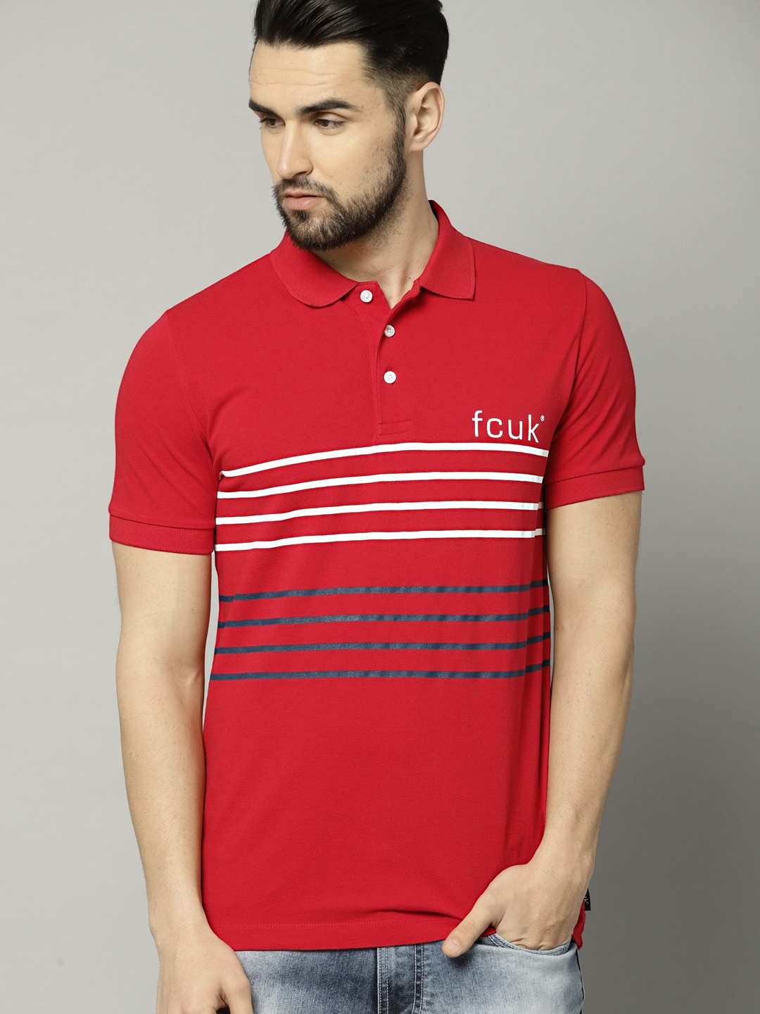 

French Connection Men Red Striped Polo T-shirt