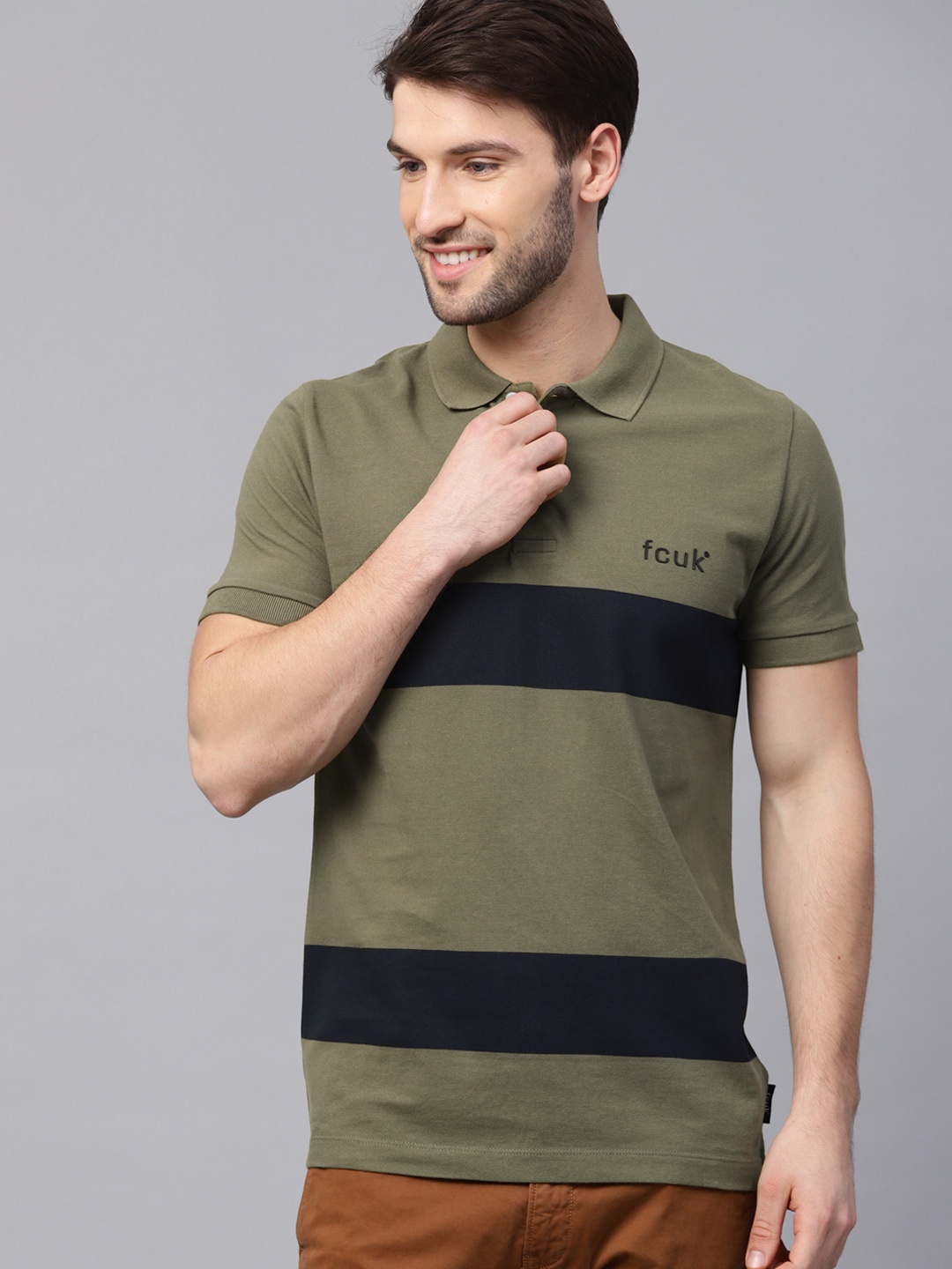 

French Connection Men Olive Green Striped Polo Collar T-shirt