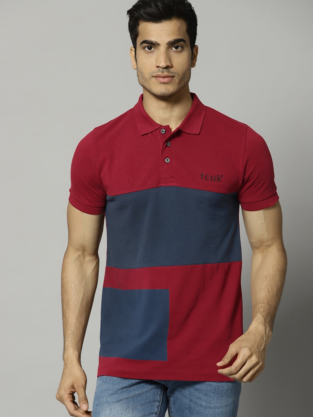 

French Connection Men Red & Navy Colourblocked Polo Collar T-shirt