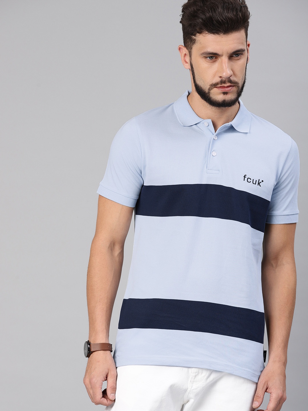 

French Connection Men Blue Striped Polo Collar Pure Cotton T-shirt