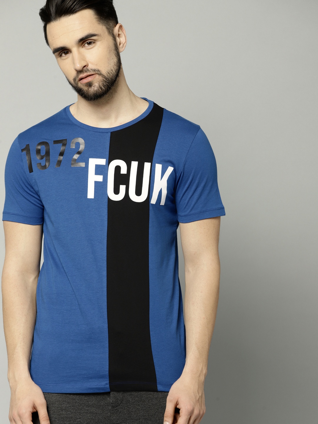 

French Connection Men Blue Colourblocked Round Neck Pure Cotton T-shirt
