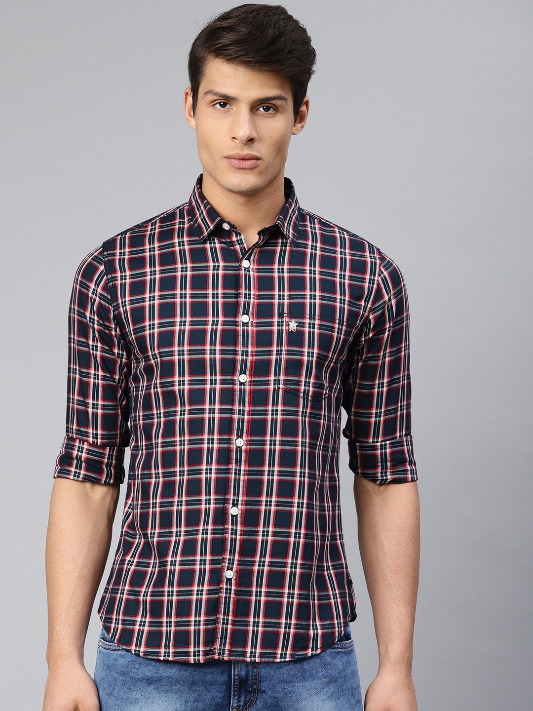 

French Connection Men Navy Blue & White Regular Fit Checked Casual Shirt