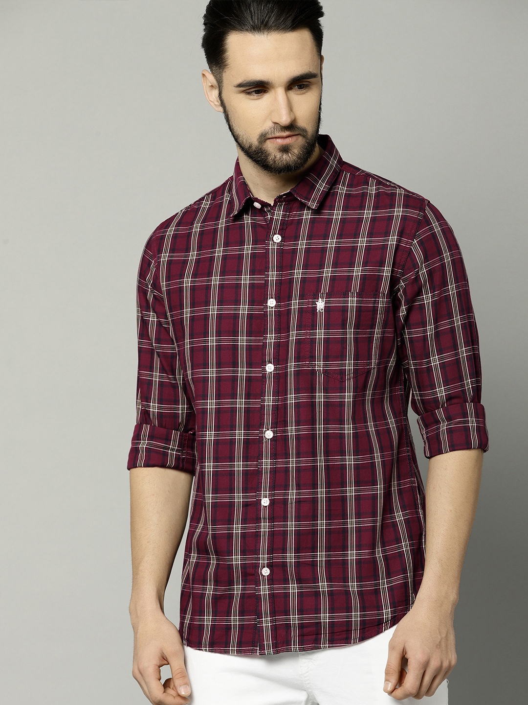 

French Connection Men Maroon & Navy Blue Checked Casual Shirt