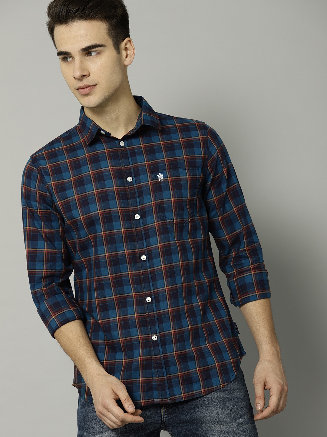 

French Connection Men Teal Blue & Yellow Checked Casual Shirt