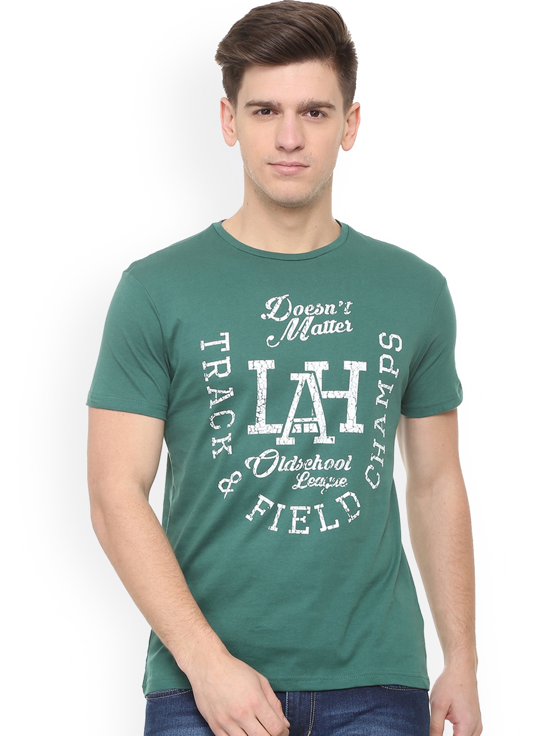 

People Men Green Printed Round Neck Pure Cotton T-shirt