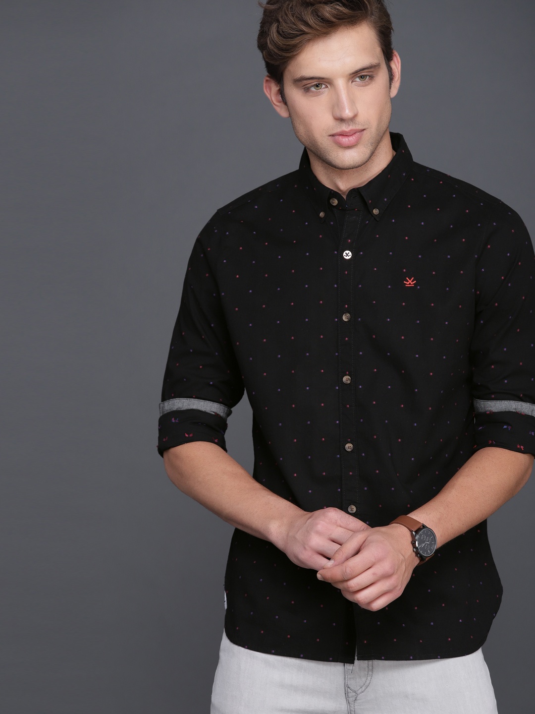 

WROGN Men Black Regular Fit Self Design Casual Shirt