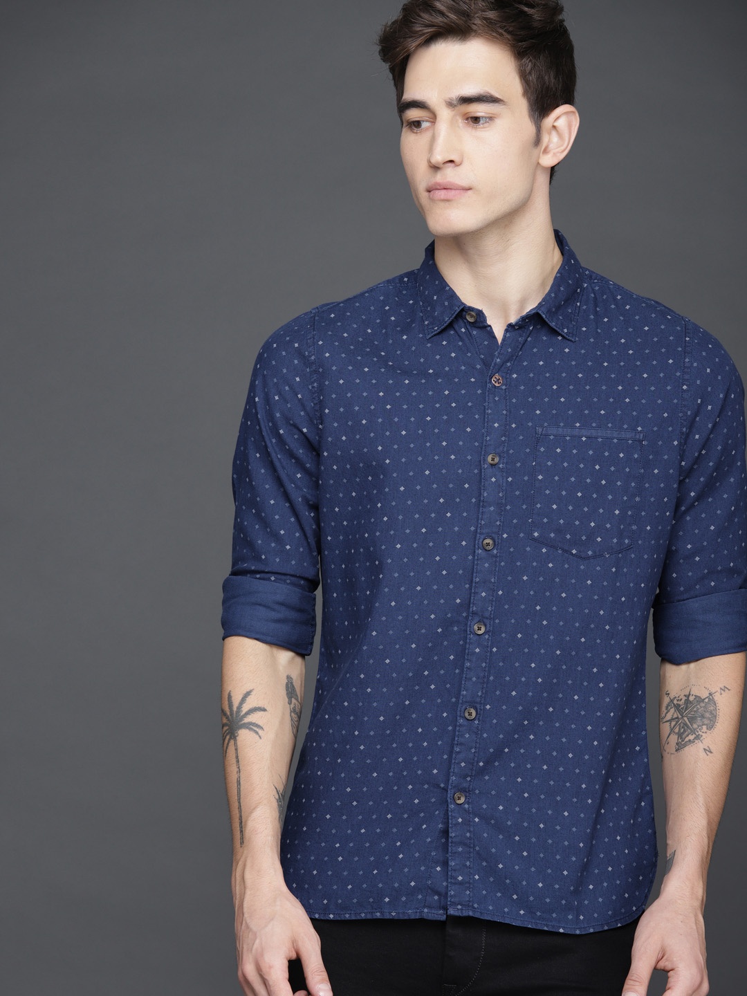 

WROGN Men Navy Blue Slim Fit Printed Casual Shirt