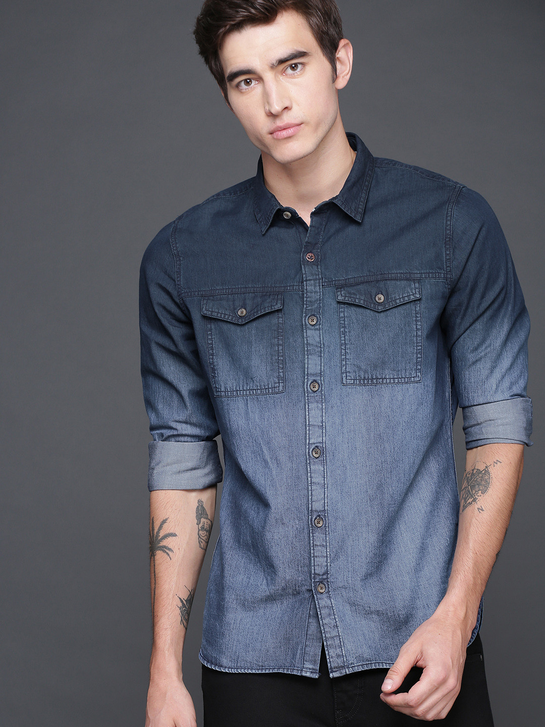 

WROGN Men Blue Slim Fit Faded Casual Chambray Faded Shirt