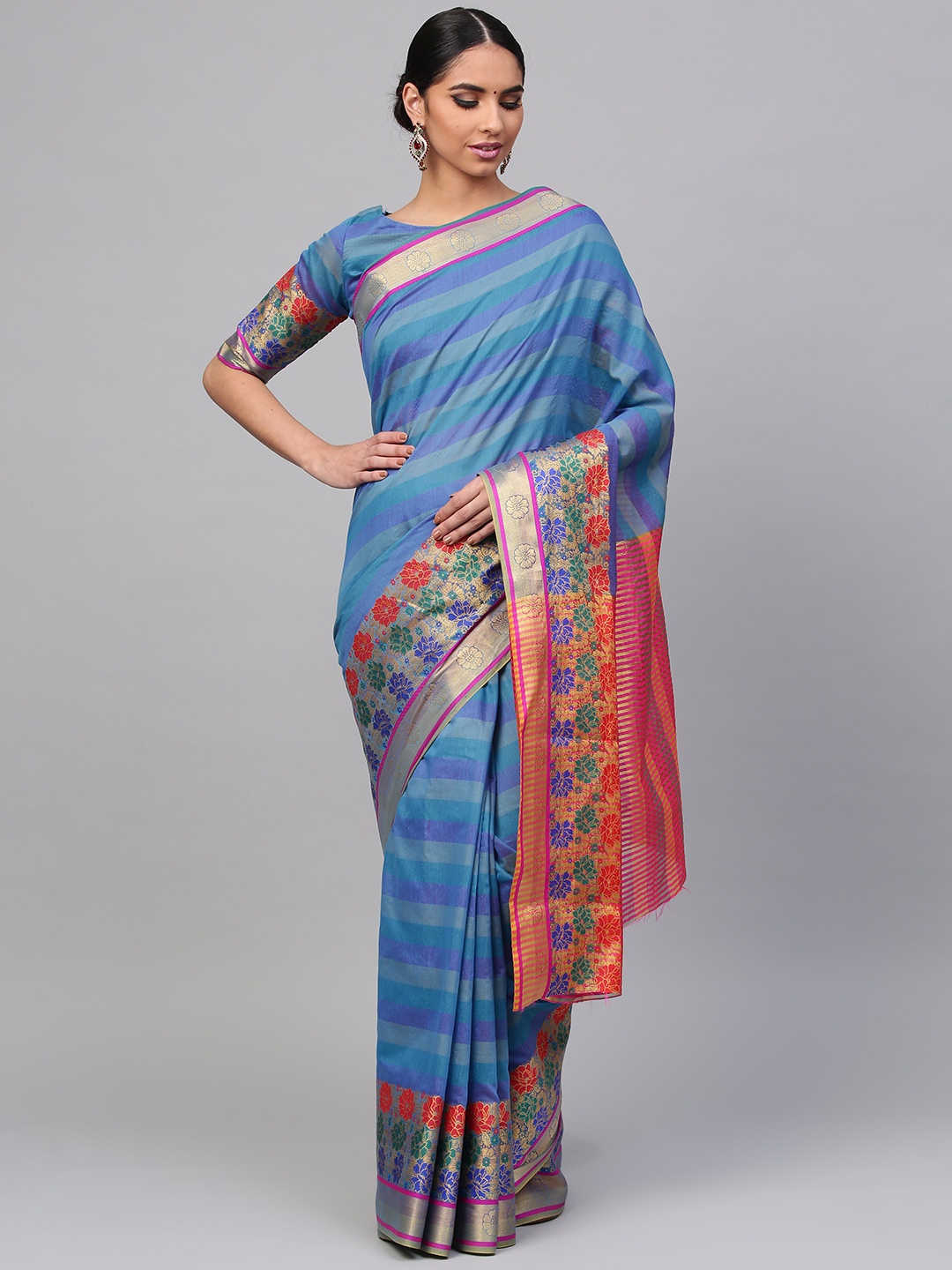 

Saree mall Blue & Pink Striped Banarasi Saree