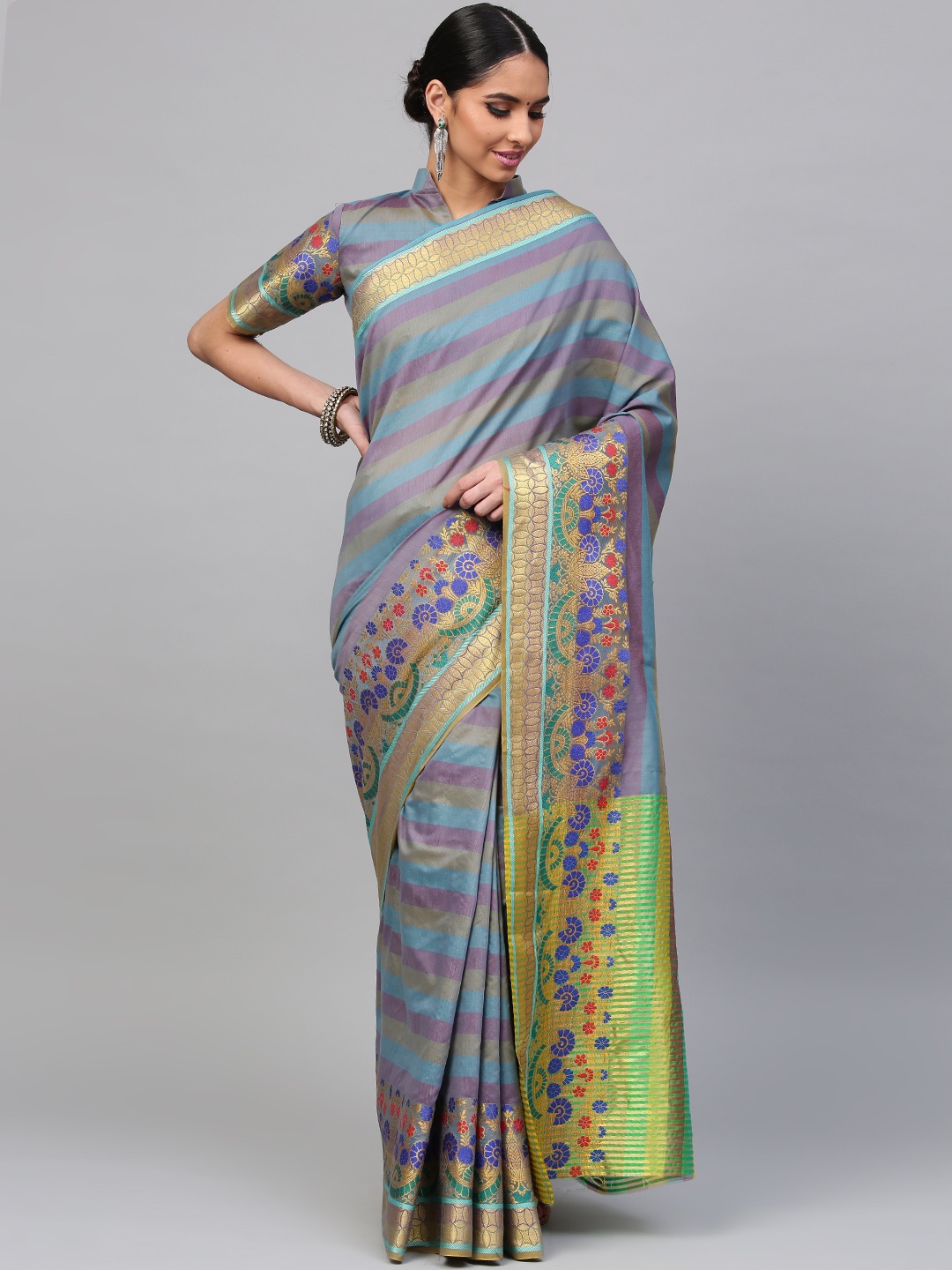 

Saree mall Blue & Purple Striped Banarasi Saree