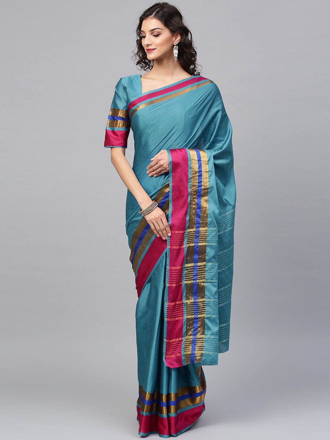 

Saree mall Teal Blue Solid Banarasi Saree