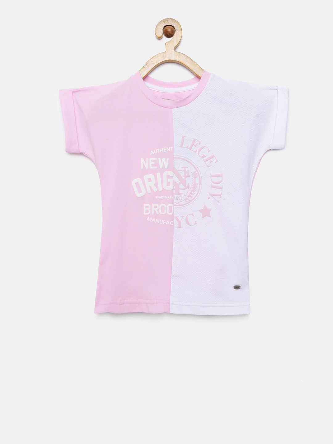

Palm Tree Girls Pink & White Colourblocked Round Neck T-shirt