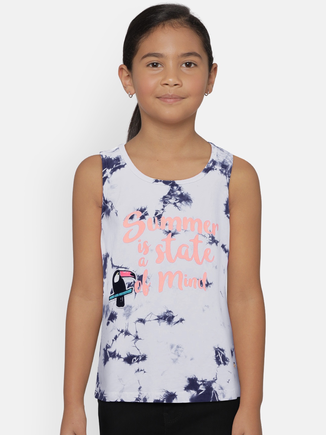 

Palm Tree Girls White & Blue Printed Styled Back Top