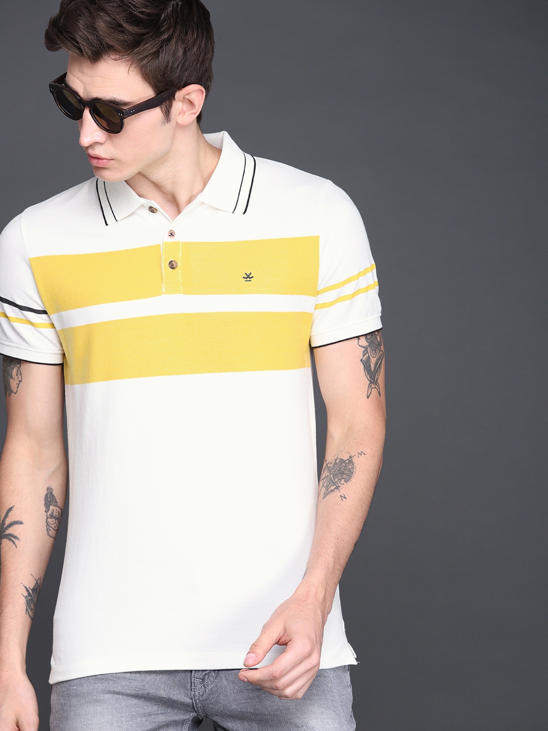 

WROGN Men White Mustard Yellow Striped Polo Collar Pure Cotton T-shirt