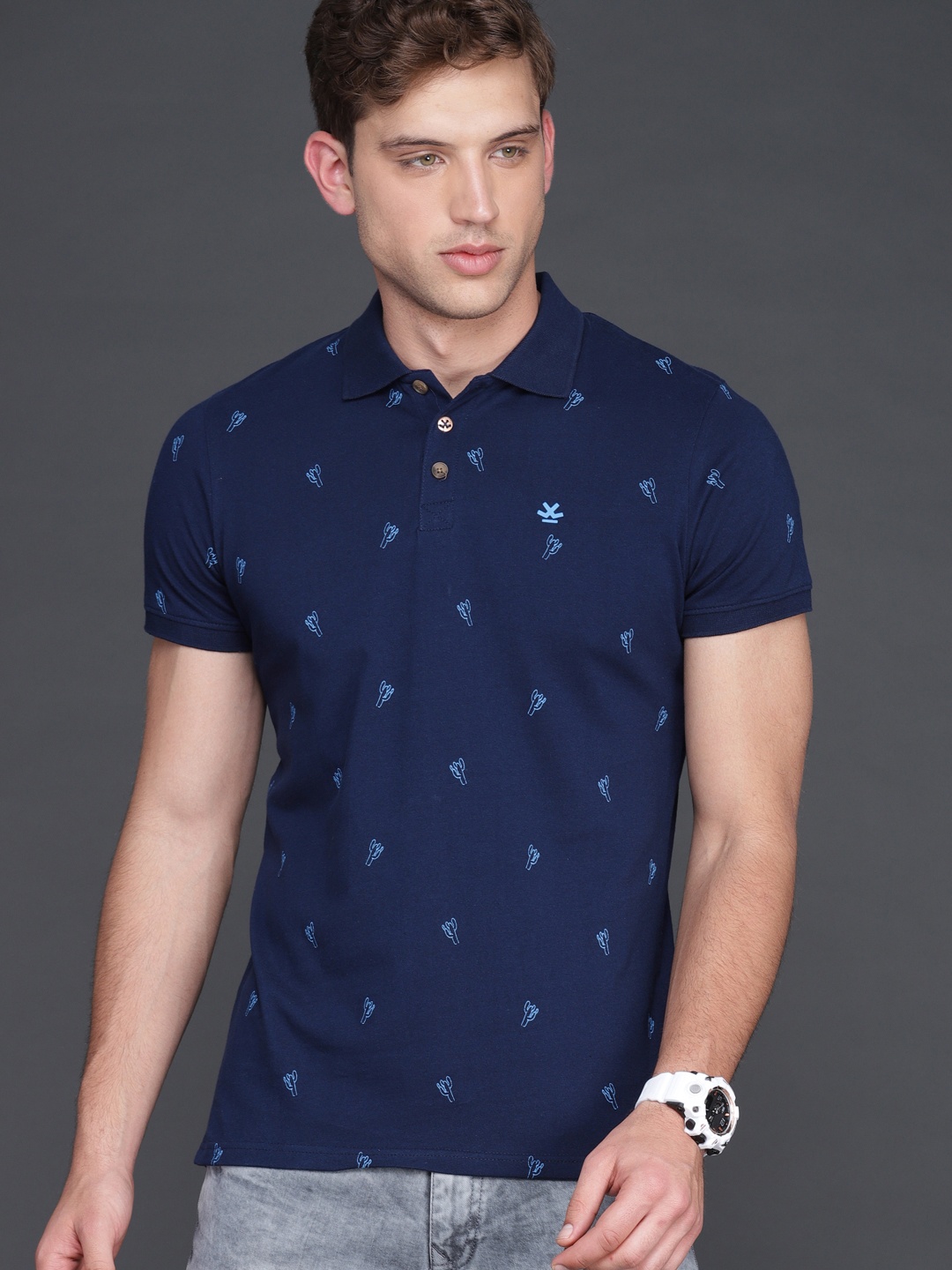 

WROGN Men Navy Blue Slim Fit Printed Polo Collar Pure Cotton T-shirt