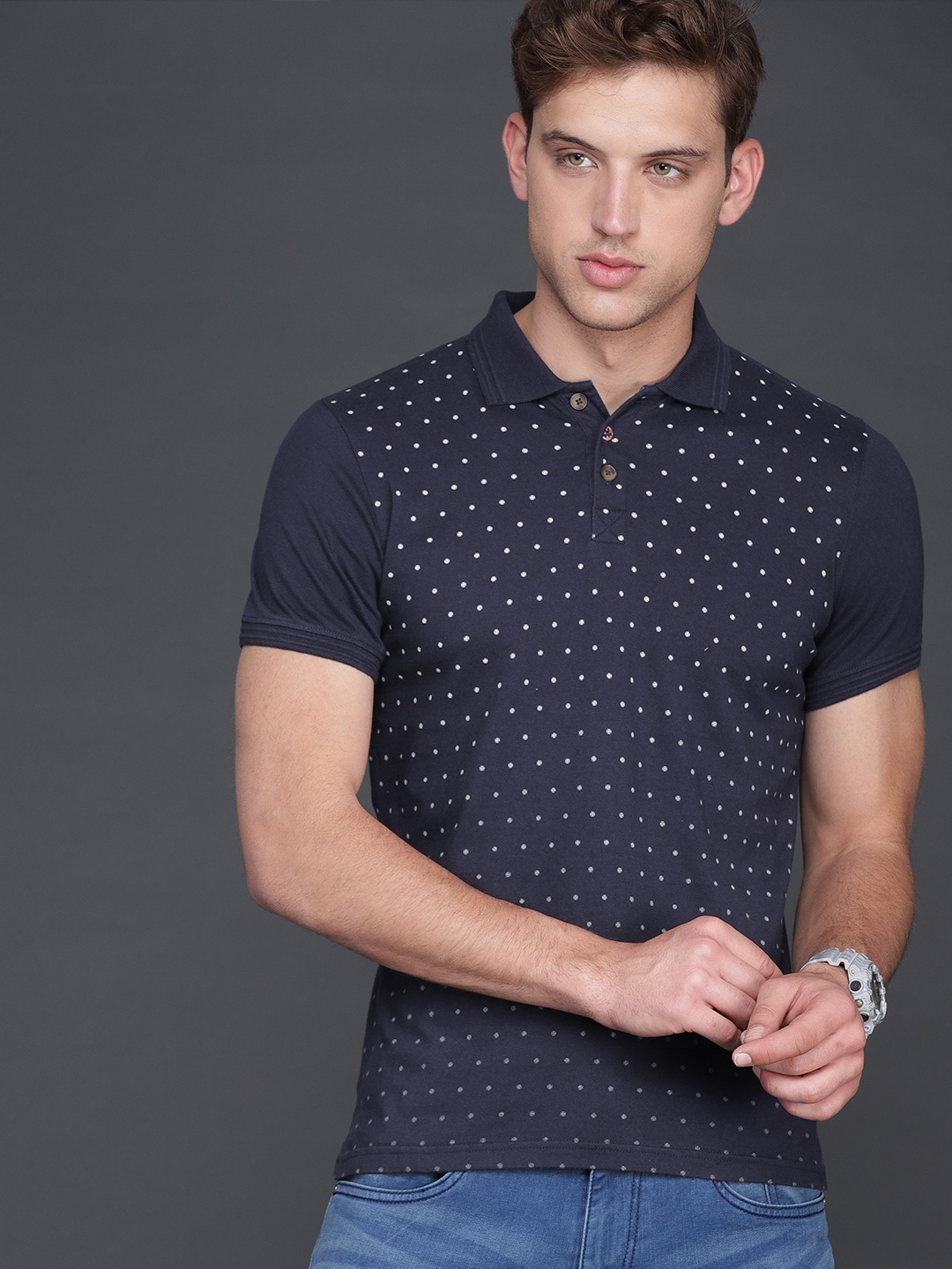

WROGN Men Navy Blue Printed Polo Collar T-shirt