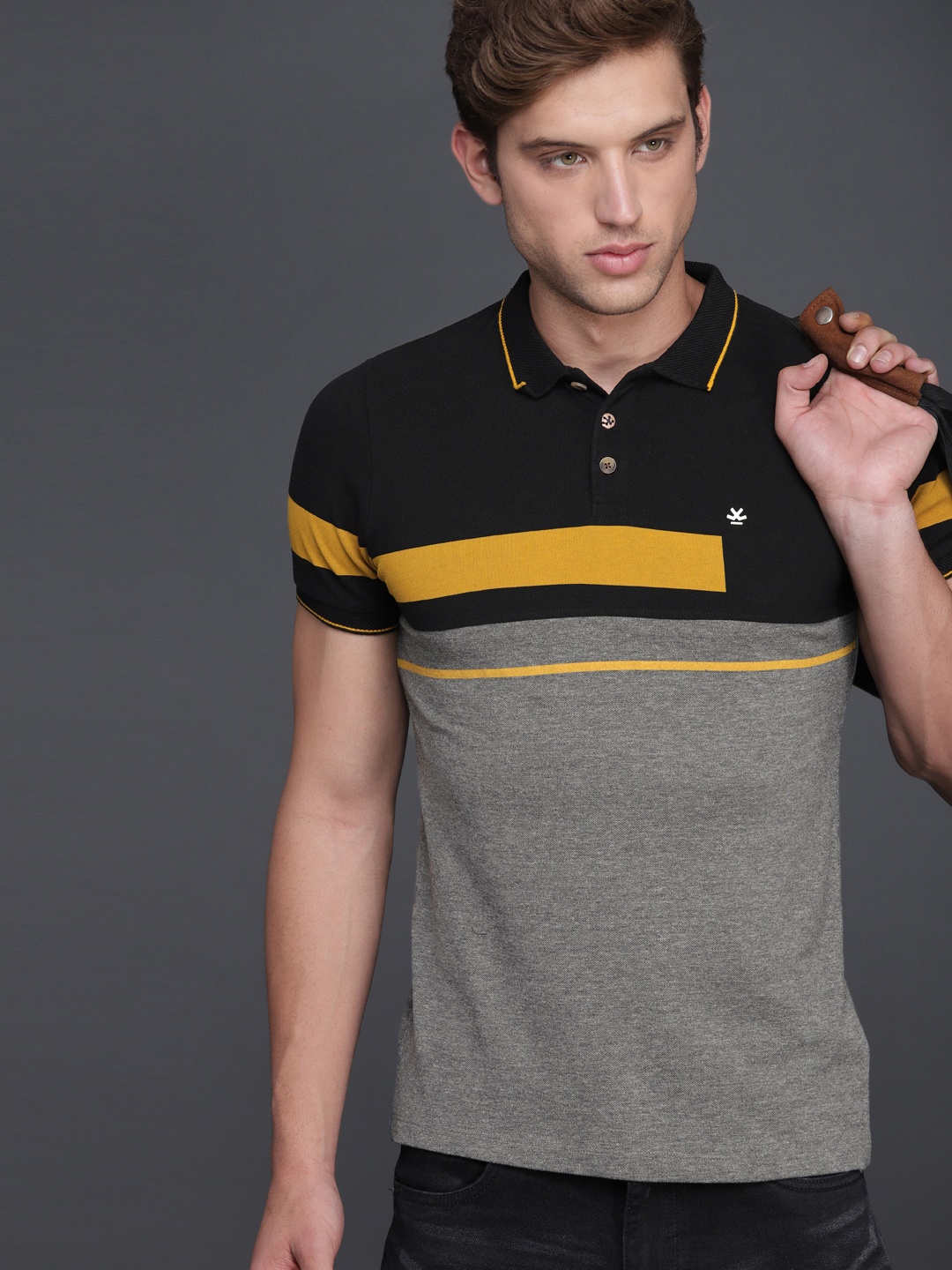 

WROGN Men Black & Grey Colourblocked Slim Fit Polo Collar T-shirt
