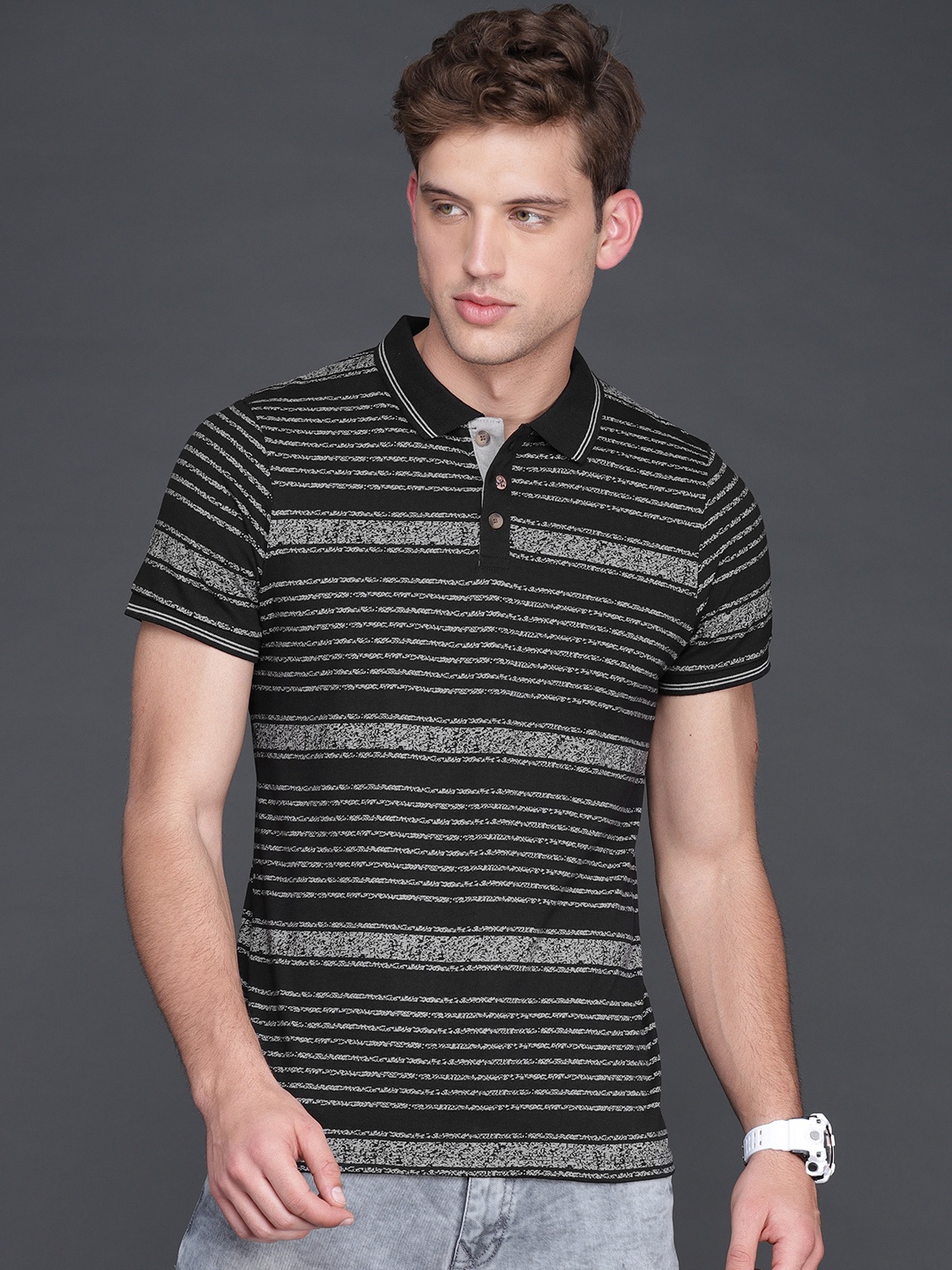 

WROGN Men Black Grey Slim Fit Striped Polo Collar Pure Cotton T-shirt