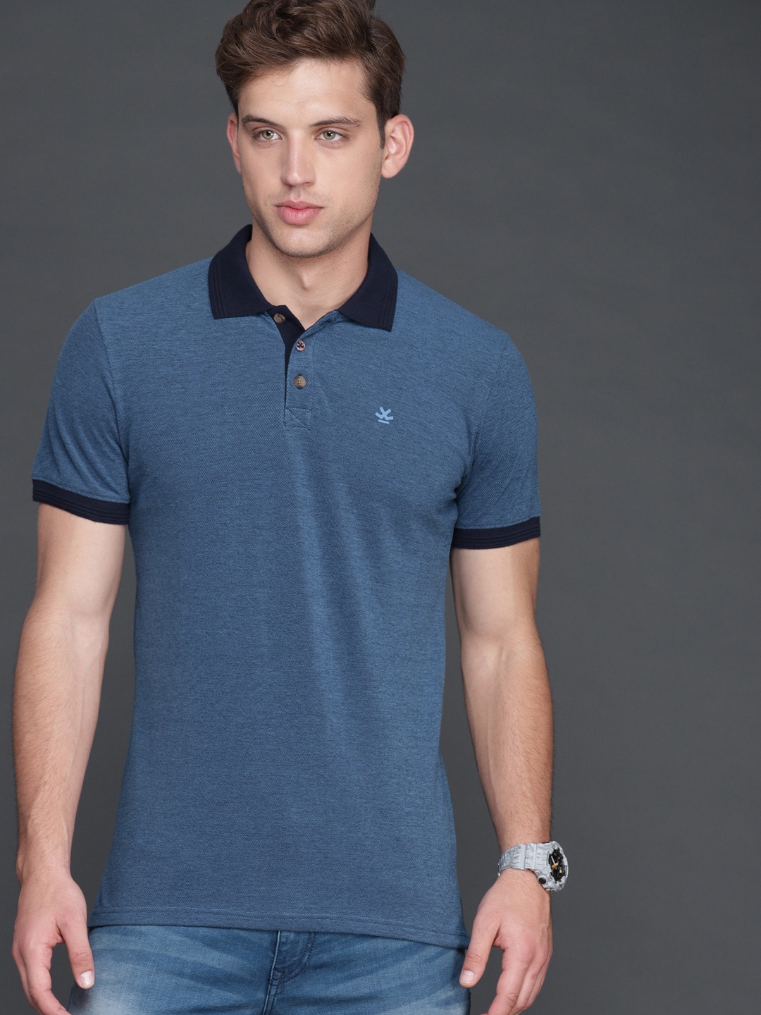 

WROGN Men Navy Blue Solid Polo Collar Pure Cotton T-shirt